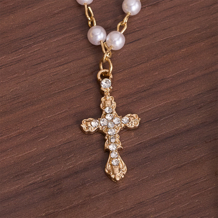 Christianartworkshop Collana a più livelli con croce di perle finte: simbolo di delicata protezione divina. - image 7