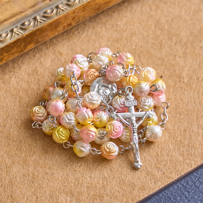 Christianartworkshop Rosario con perline di rosa celeste e crocifisso: simbolo di guida sicura - Rosa - image 5