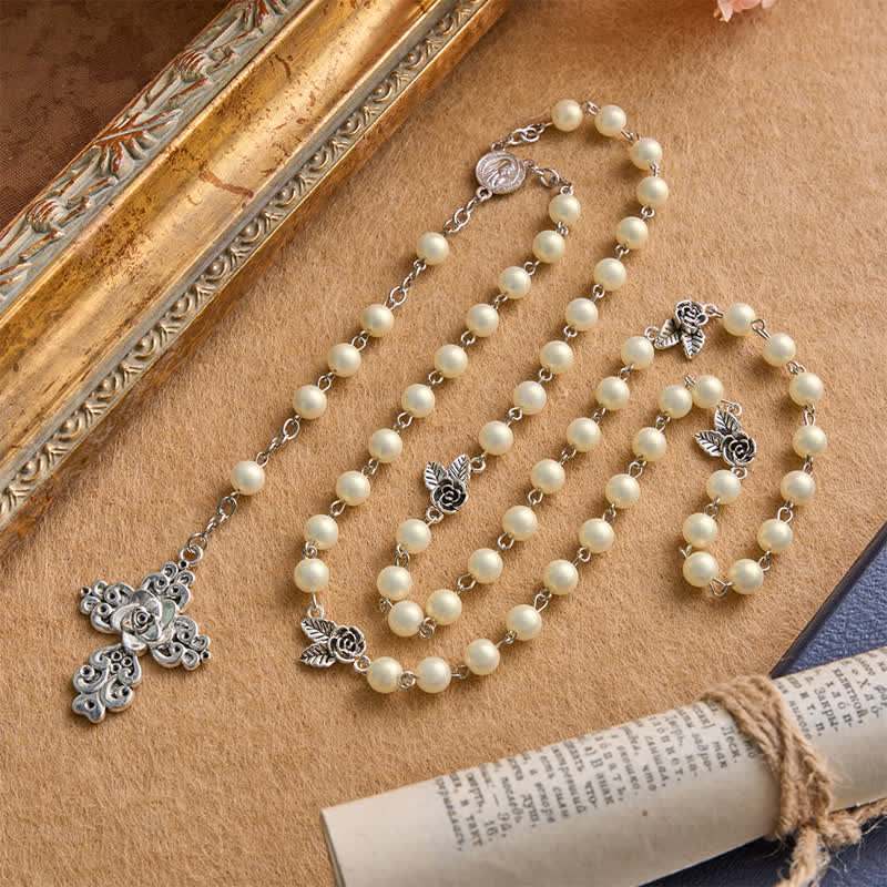 Christianartworkshop Rosario della Madonna di Fatima con croce in lega di oro rosa: simbolo di sacra e dolce grazia. - Nostra Signora e la Croce - image 0