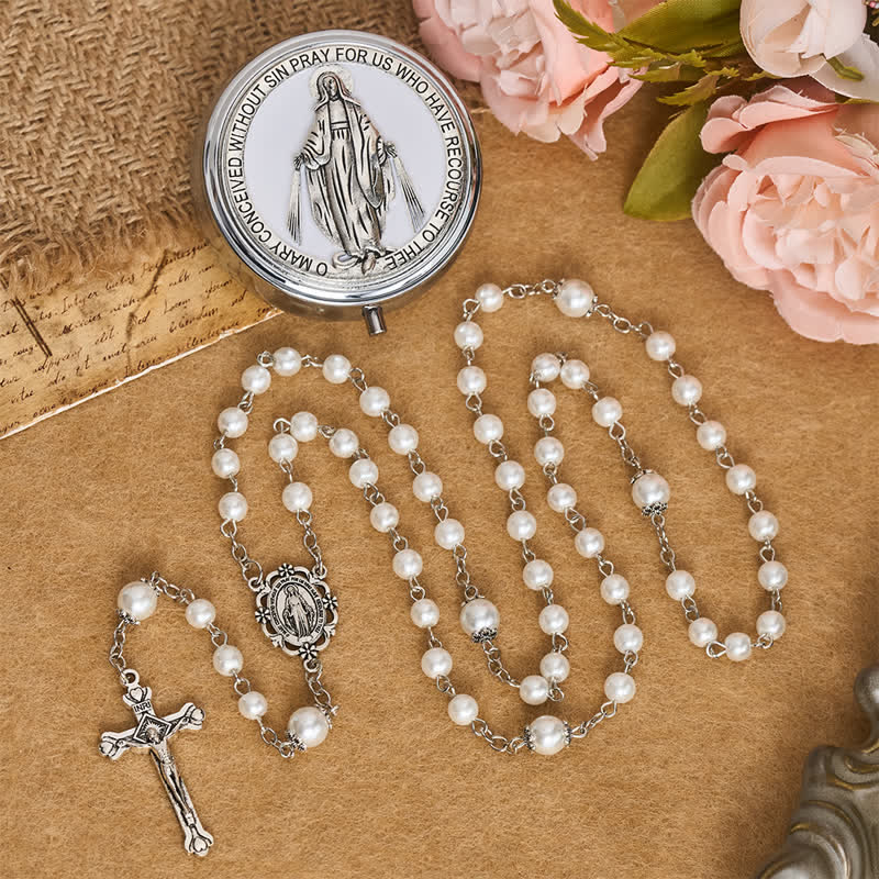 Christianartworkshop Elegante cofanetto porta rosario della Madonna in lega e perle: segno di incrollabile protezione celeste. - Bianco - image 9