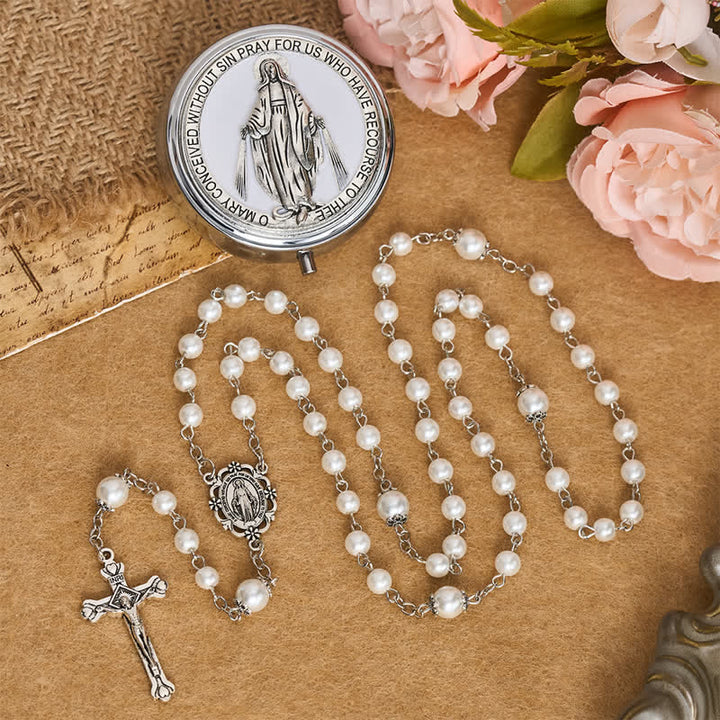 Christianartworkshop Elegante cofanetto porta rosario della Madonna in lega e perle: segno di incrollabile protezione celeste. - Bianco - image 9