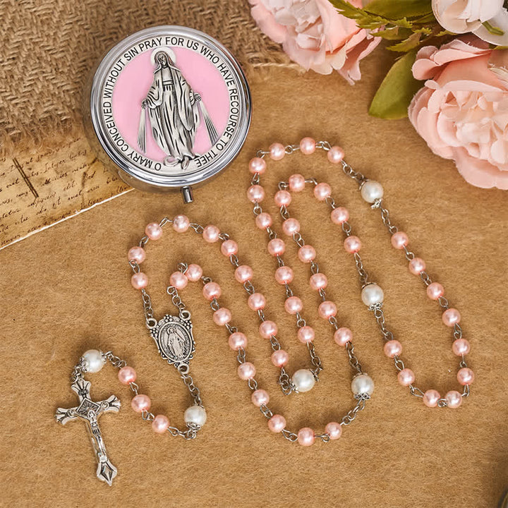 Christianartworkshop Elegante cofanetto porta rosario della Madonna in lega e perle: segno di incrollabile protezione celeste. - Rosa - image 5