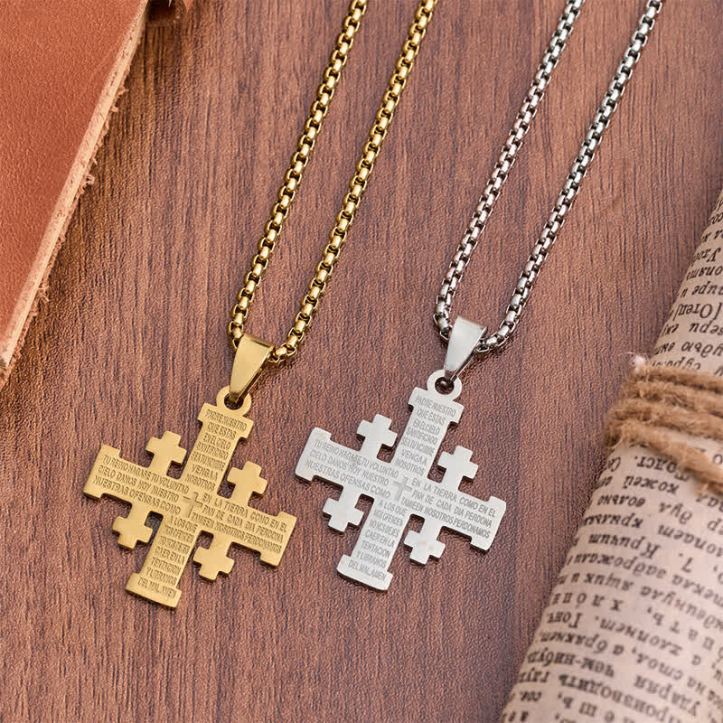 Collana con croce di Gerusalemme in stile moderno bicolore con preghiera del Signore in spagnolo, Christianartworkshop : Fede per ogni momento. - image 1