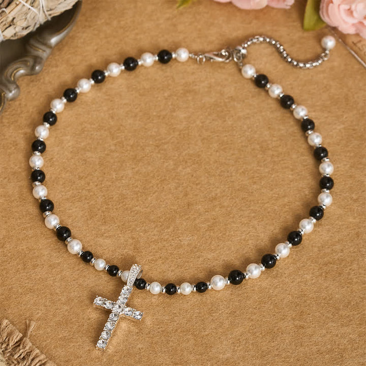 Christianartworkshop Collana con croce di perle scintillanti e lucide: segno di una costante guida celeste. - Attraverso - image 0