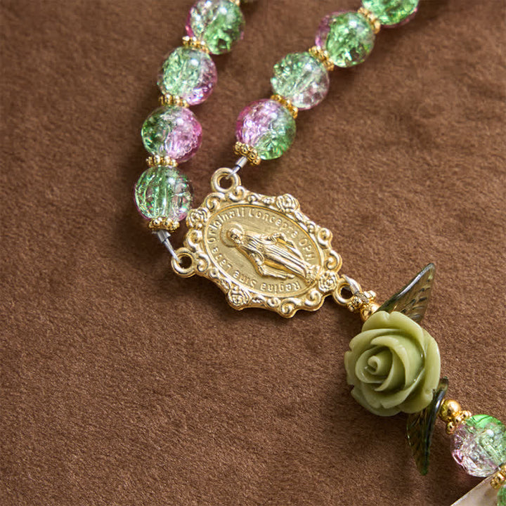Christianartworkshop Rosario con croce della Madonna, perline di vetro sfaccettate rosa e verdi effetto craquelé, con motivo floreale a rosa. - image 6