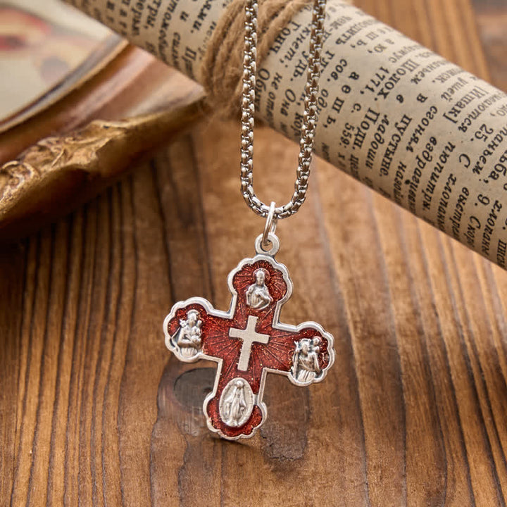 Christianartworkshop Collana con catena a maglie e croci a quattro ritratti sacri: simbolo di dolce protezione celeste - Rosso - image 5