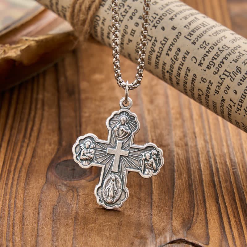 Christianartworkshop Collana con catena a maglie e croci a quattro ritratti sacri: simbolo di dolce protezione celeste - Argento - image 1