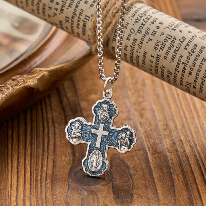 Christianartworkshop Collana con catena a maglie e croci a quattro ritratti sacri: simbolo di dolce protezione celeste - Blu - image 3