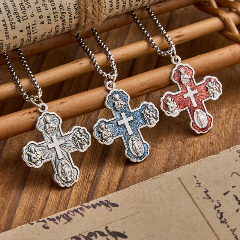 Christianartworkshop Collana con catena a maglie e croci a quattro ritratti sacri: simbolo di dolce protezione celeste - image 0