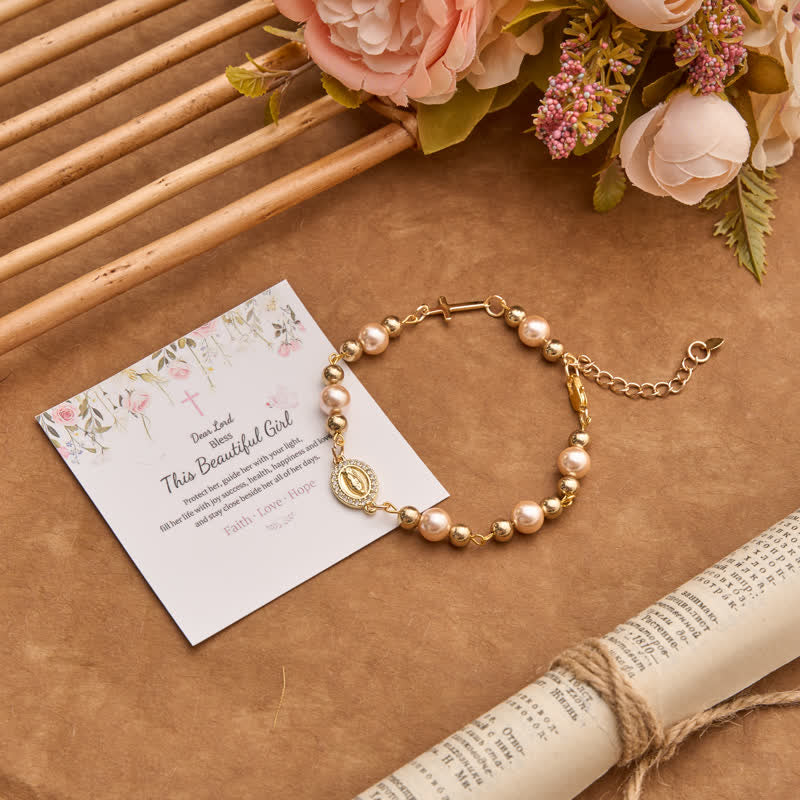 Christianartworkshop Bracciale di perle con crocifisso e ciondolo della Madonna: segno di eterna grazia divina - Nostra Signora e la Croce C - image 6