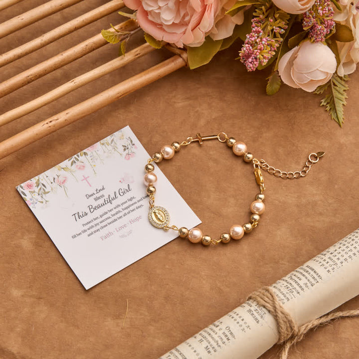 Christianartworkshop Bracciale di perle con crocifisso e ciondolo della Madonna: segno di eterna grazia divina - Nostra Signora e la Croce C - image 6