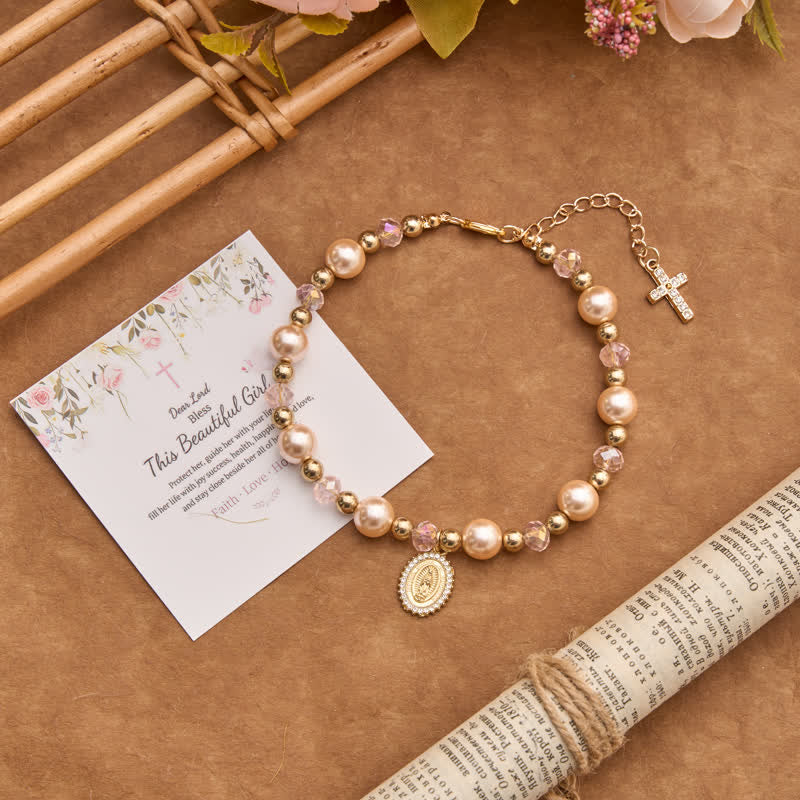 Christianartworkshop Bracciale di perle con crocifisso e ciondolo della Madonna: segno di eterna grazia divina - Nostra Signora e la Croce A - image 0