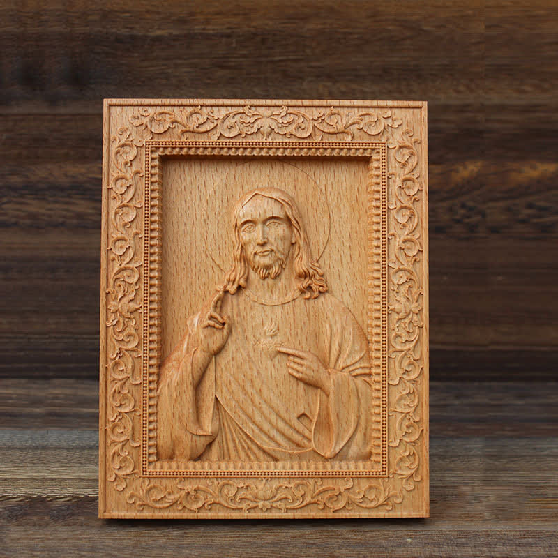 Christianartworkshop Icona intagliata in legno di faggio con bordo decorato raffigurante la Madonna e Gesù: segno di dolce consolazione divina. - image 1
