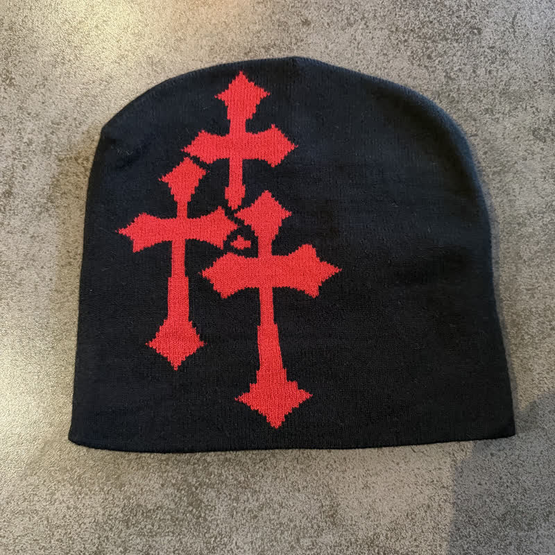 Christianartworkshop Berretto in maglia jacquard Triple Cross: emblema di una grazia celeste senza tempo. - Nero con croce rossa - image 7