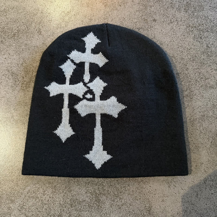 Christianartworkshop Berretto in maglia jacquard Triple Cross: emblema di una grazia celeste senza tempo. - Nero con croce grigia - image 5