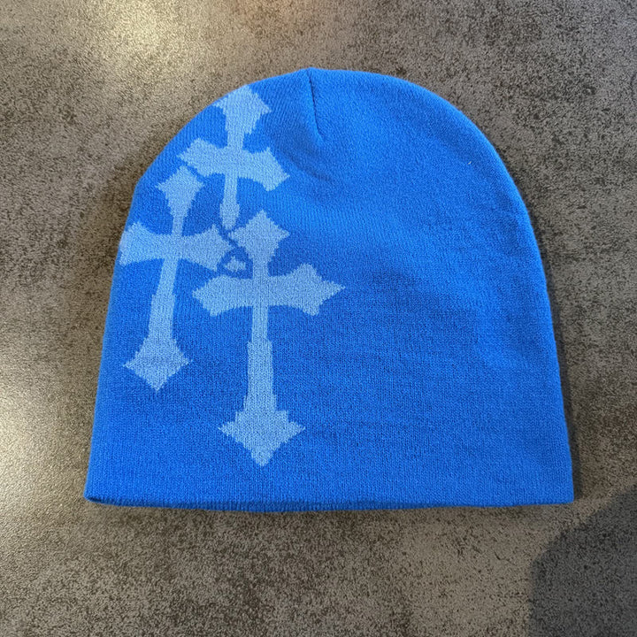 Christianartworkshop Berretto in maglia jacquard Triple Cross: emblema di una grazia celeste senza tempo. - Blu con croce azzurra - image 14