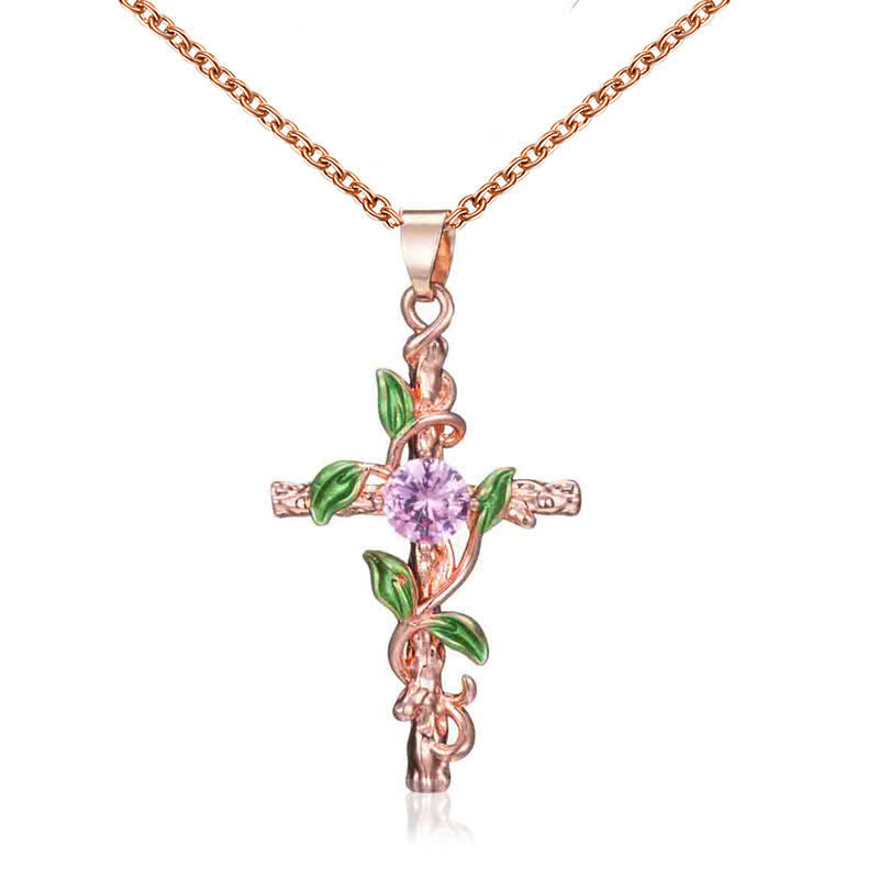 Christianartworkshop Collana con catena a croce di vite ispirata alla natura: simbolo di un rifugio celeste radicato. - Rosa dorato - image 0