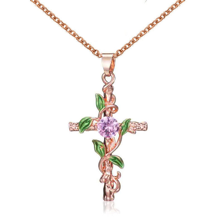 Christianartworkshop Collana con catena a croce di vite ispirata alla natura: simbolo di un rifugio celeste radicato. - Rosa dorato - image 0