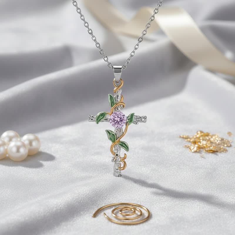 Christianartworkshop Collana con catena a croce di vite ispirata alla natura: simbolo di un rifugio celeste radicato. - Argento - image 4