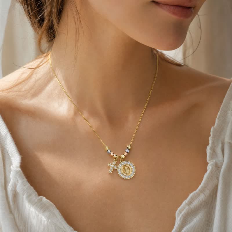 Christianartworkshop Collana con ciondolo a croce di San Benedetto con perline miste: segno di eterna sacra protezione - image 1