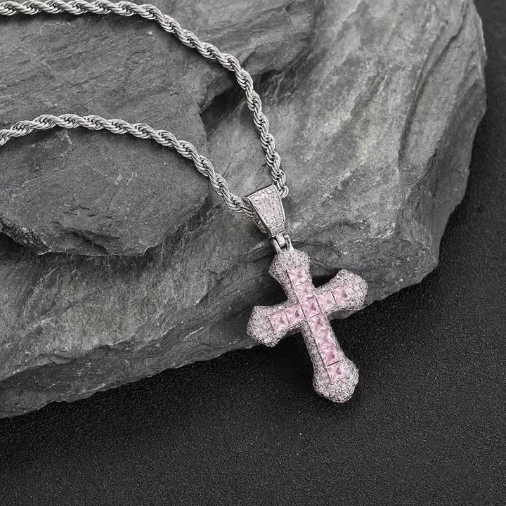 Christianartworkshop Croce massiccia e scintillante con bordo smerlato e catena a corda: portatrice di audace benedizione quotidiana - Rosa - image 9
