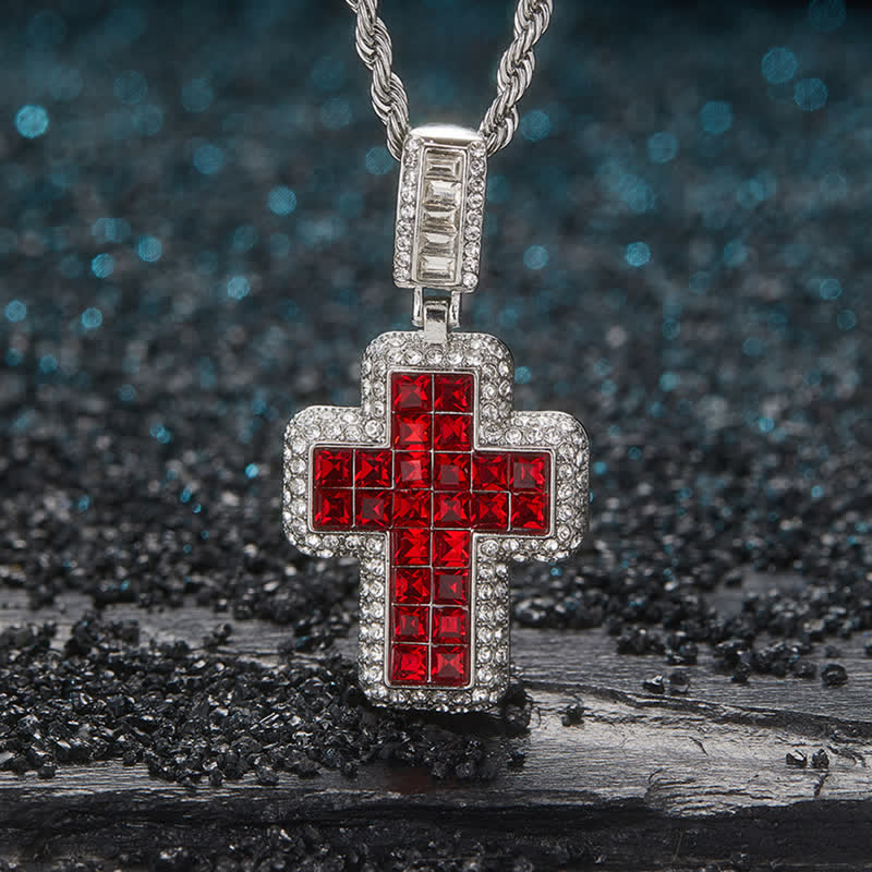 Christianartworkshop Collana con croce a blocco quadrato con gemma incastonata: simbolo di gloriosa fortezza celeste. - Argento - Rosso - image 0