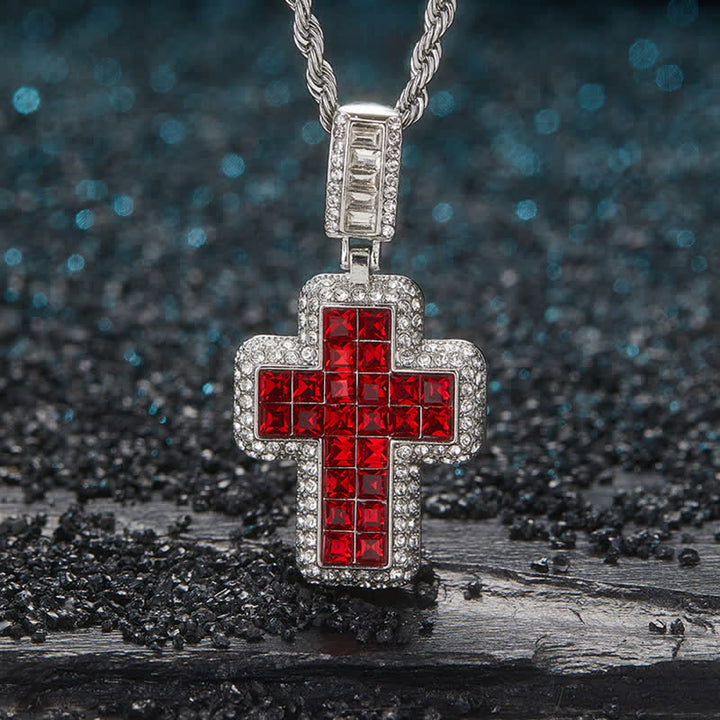 Christianartworkshop Collana con croce a blocco quadrato con gemma incastonata: simbolo di gloriosa fortezza celeste. - Argento - Rosso - image 0