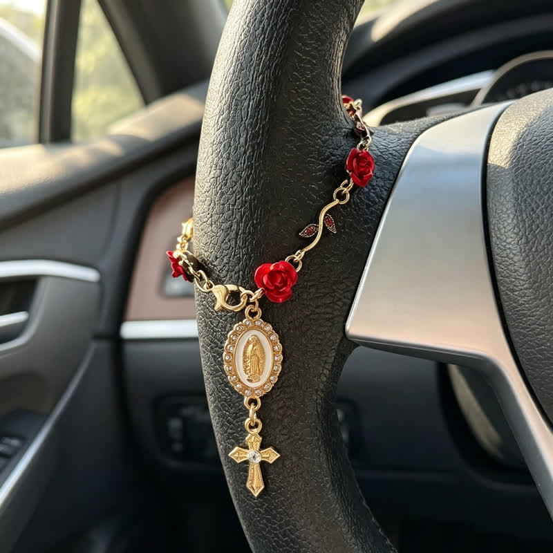 Christianartworkshop Delicato ciondolo per auto con croce della Madonna e rosette: portatore di dolce cura divina sulla strada - Nostra Signora e la Croce C - image 3