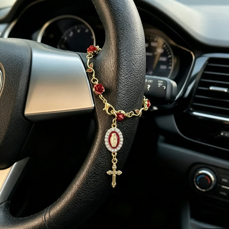 Christianartworkshop Delicato ciondolo per auto con croce della Madonna e rosette: portatore di dolce cura divina sulla strada - Nostra Signora e la Croce B - image 1