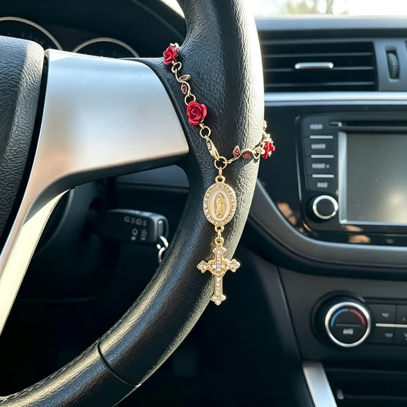 Christianartworkshop Delicato ciondolo per auto con croce della Madonna e rosette: portatore di dolce cura divina sulla strada - Nostra Signora e la Croce D - image 4