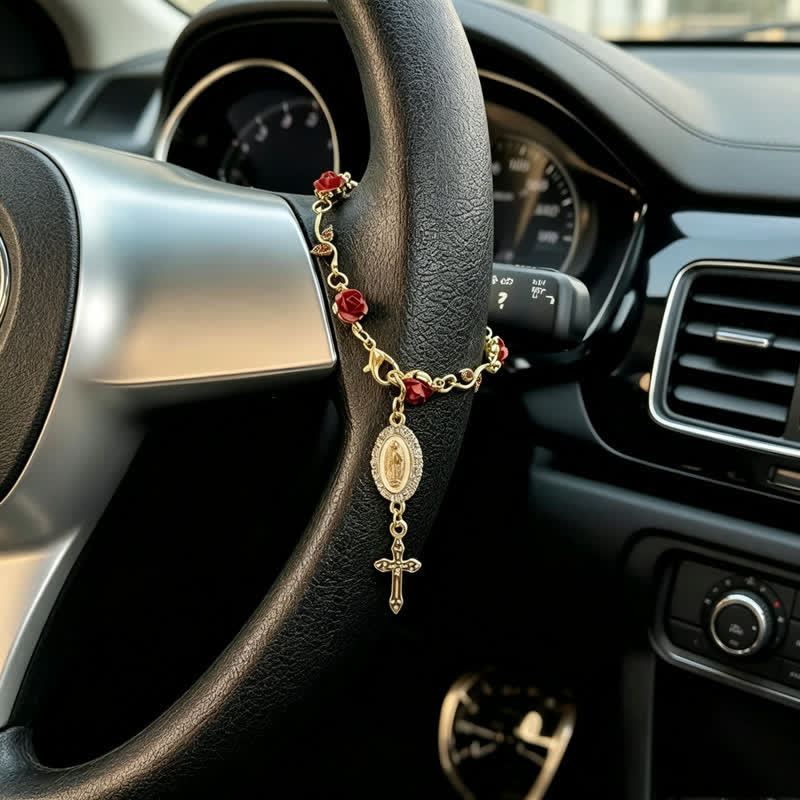 Christianartworkshop Delicato ciondolo per auto con croce della Madonna e rosette: portatore di dolce cura divina sulla strada - Nostra Signora e la Croce A - image 0