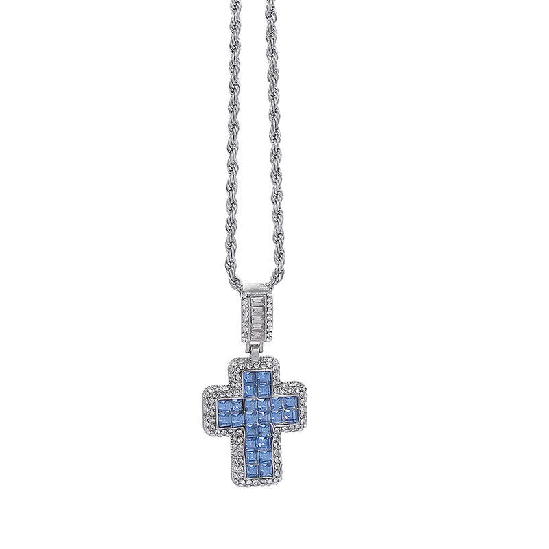 Christianartworkshop Collana con croce a blocco quadrato con gemma incastonata: simbolo di gloriosa fortezza celeste. - Argento - Blu - image 4
