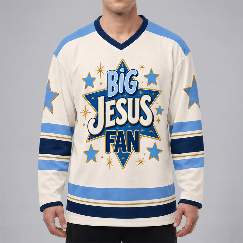 Christianartworkshop Maglia da hockey a maniche lunghe blu "Big Jesus Fan Star". - image 3