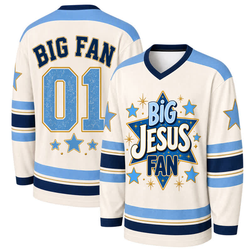 Christianartworkshop Maglia da hockey a maniche lunghe blu "Big Jesus Fan Star". - 5XL - image 0
