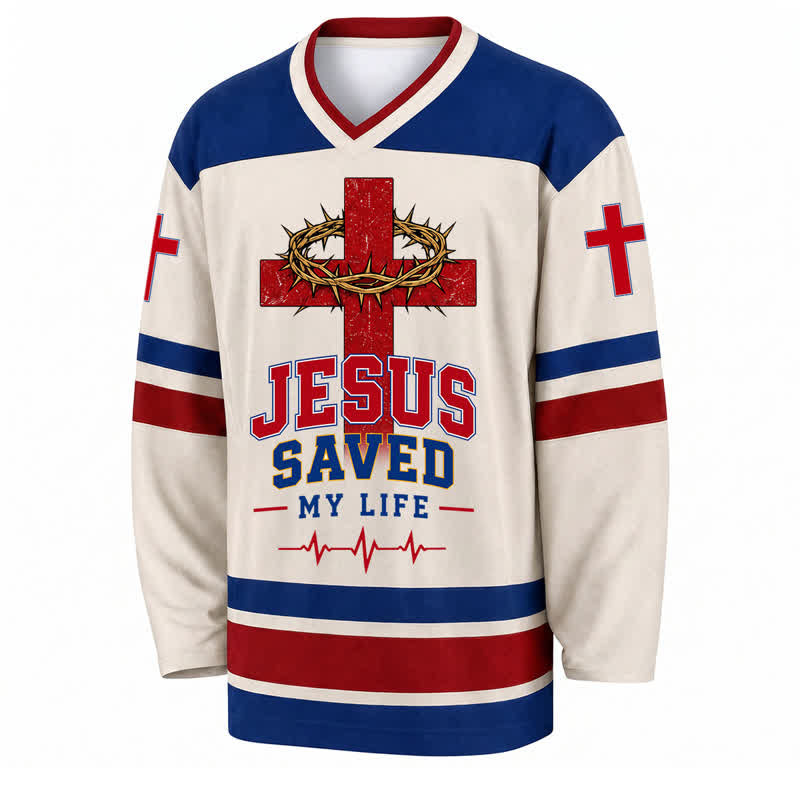 Christianartworkshop Maglia da hockey vintage a righe con la scritta "Jesus Saved My Life" - image 1