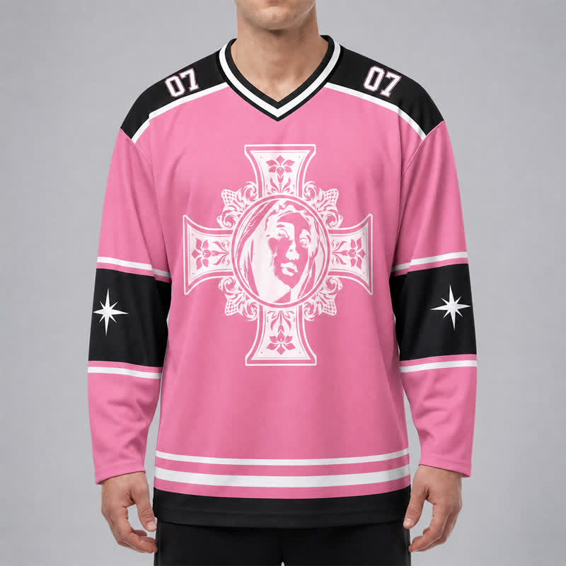 Christianartworkshop Dio ti benedica Maglia da hockey a maniche lunghe con croce rosa - image 3