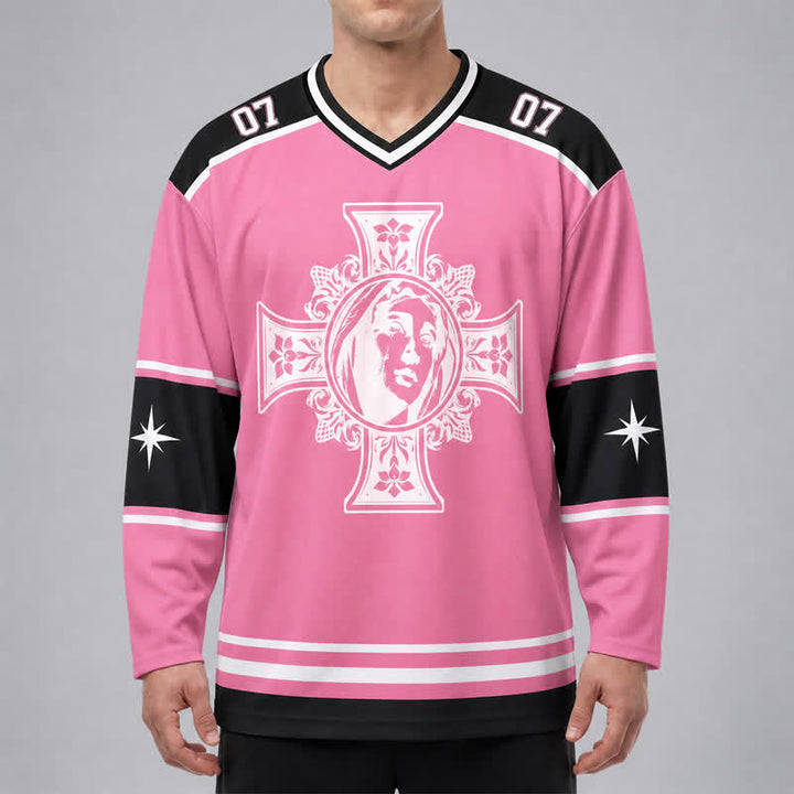 Christianartworkshop Dio ti benedica Maglia da hockey a maniche lunghe con croce rosa - image 3
