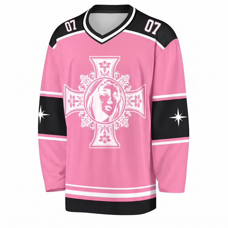 Christianartworkshop Dio ti benedica Maglia da hockey a maniche lunghe con croce rosa - image 1