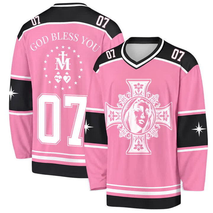Christianartworkshop Dio ti benedica Maglia da hockey a maniche lunghe con croce rosa - 5XL - image 0