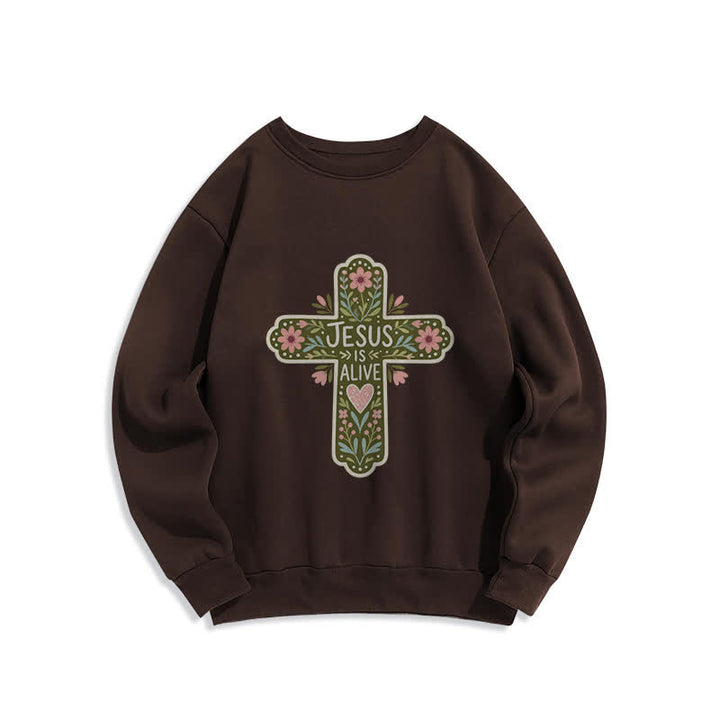 Christianartworkshop Felpa girocollo accogliente con croce floreale "Jesus Is Alive" - Marrone - 2XL - image 5
