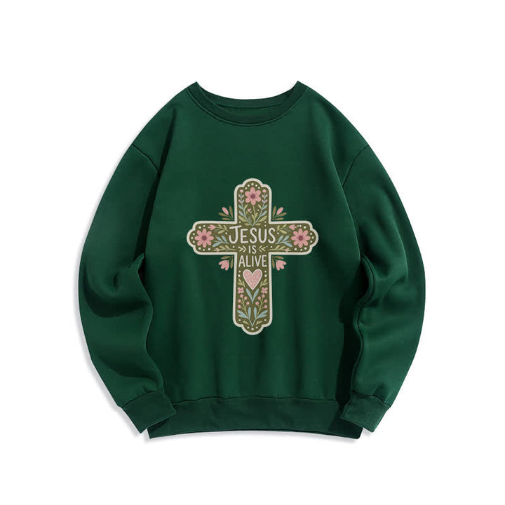 Christianartworkshop Felpa girocollo accogliente con croce floreale "Jesus Is Alive" - Verde - 2XL - image 0
