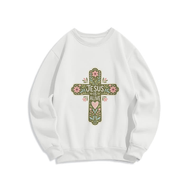 Christianartworkshop Felpa girocollo accogliente con croce floreale "Jesus Is Alive" - Bianco - 2XL - image 1