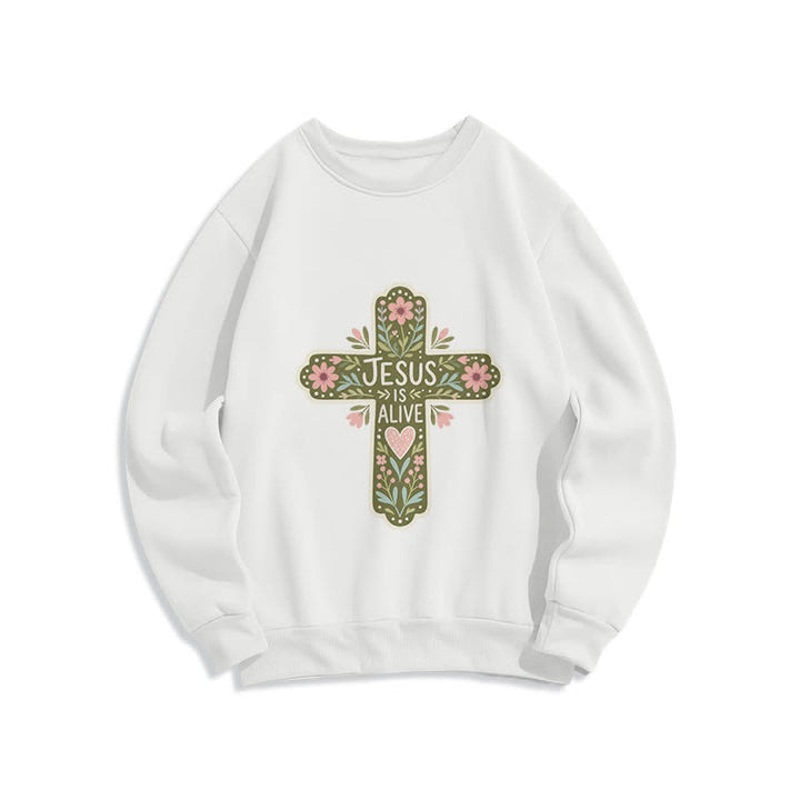 Christianartworkshop Felpa girocollo accogliente con croce floreale "Jesus Is Alive" - Bianco - 2XL - image 1