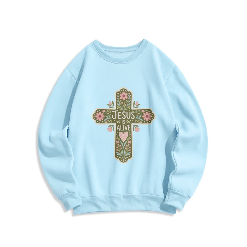 Christianartworkshop Felpa girocollo accogliente con croce floreale "Jesus Is Alive" - Blu - 2XL - image 2