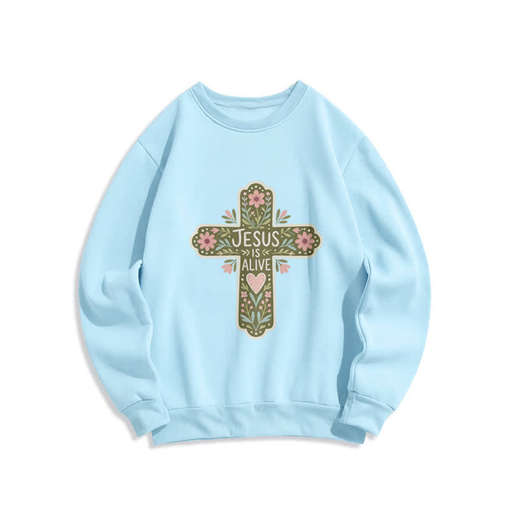 Christianartworkshop Felpa girocollo accogliente con croce floreale "Jesus Is Alive" - Blu - 2XL - image 2