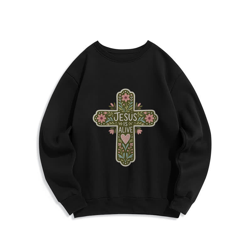 Christianartworkshop Felpa girocollo accogliente con croce floreale "Jesus Is Alive" - Nero - 2XL - image 3