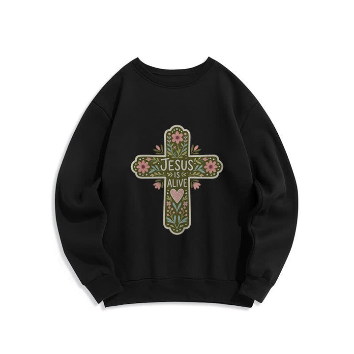 Christianartworkshop Felpa girocollo accogliente con croce floreale "Jesus Is Alive" - Nero - 2XL - image 3