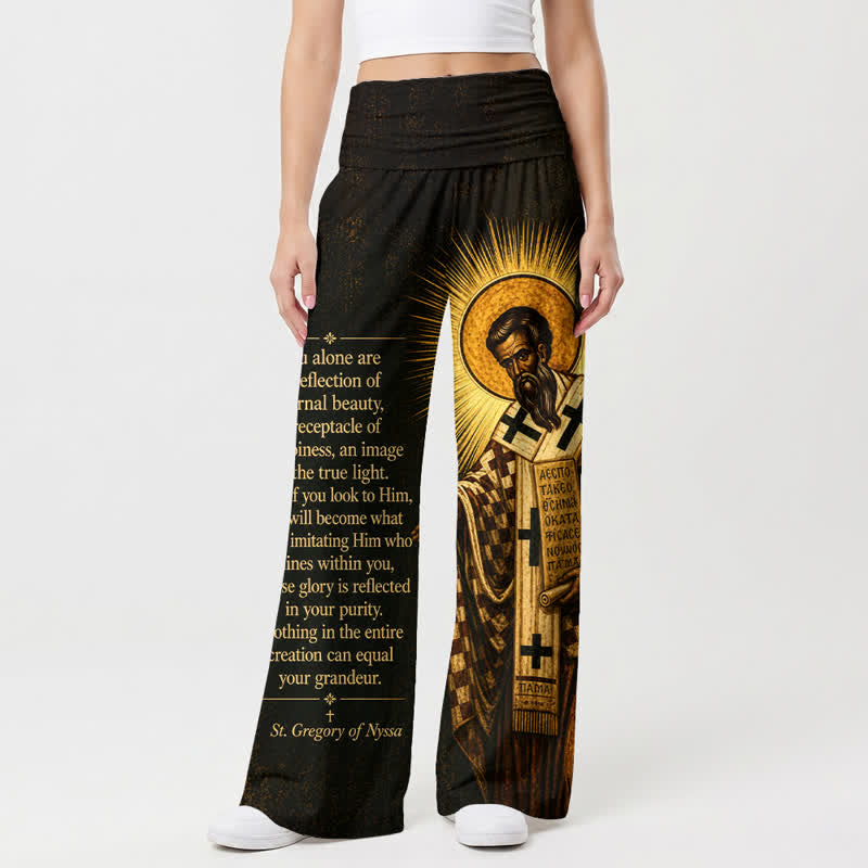 Christianartworkshop Pantaloni da donna a gamba larga con icona di santo dorata e citazioni bibliche, vita alta. - image 1