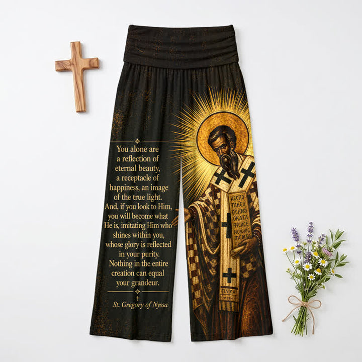 Christianartworkshop Pantaloni da donna a gamba larga con icona di santo dorata e citazioni bibliche, vita alta. - US22,UK/AU26,EU54 - image 0