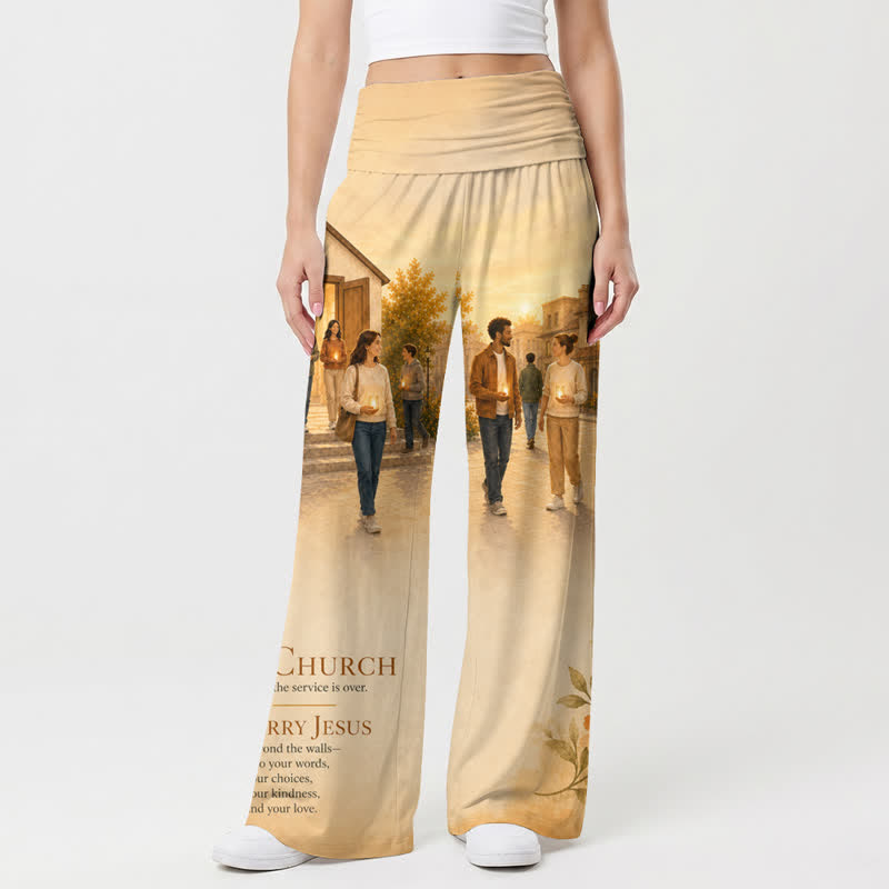Christianartworkshop Pantaloni da donna a gamba larga con stampa paesaggistica Be The Church - image 1